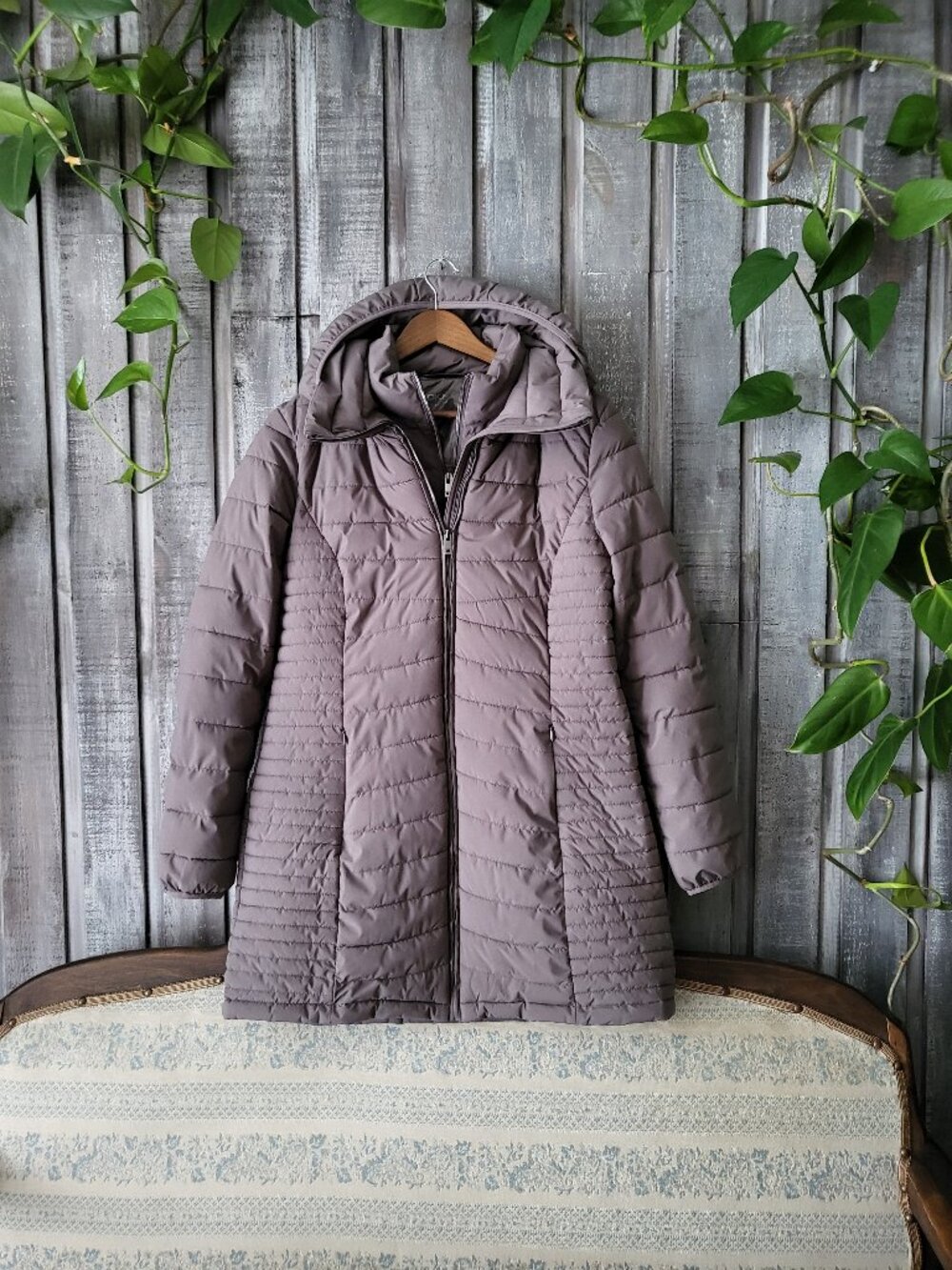 DKNY Packable Hooded Puffer Jacket Quilted Coat L Gray Like New